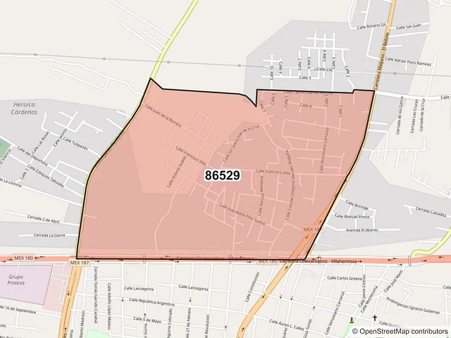 Mapa del código postal 86529, Cárdenas, Tabasco