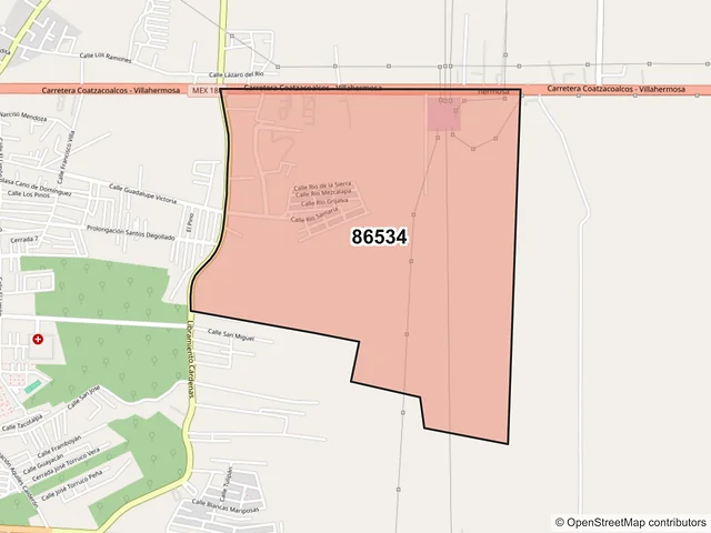 Mapa del código postal 86534, Cárdenas, Tabasco