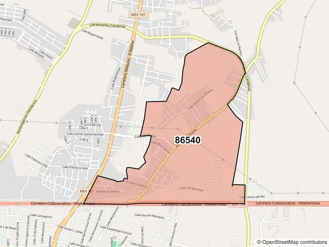 Mapa del código postal 86540, Cárdenas, Tabasco