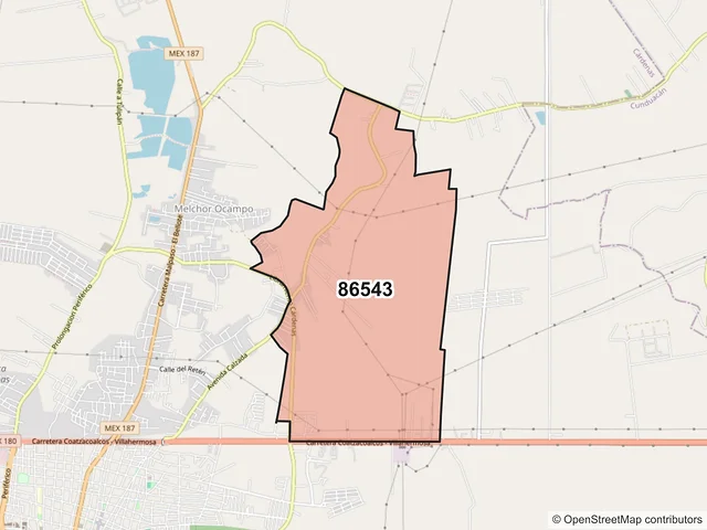 Mapa del código postal 86543, Cárdenas, Tabasco