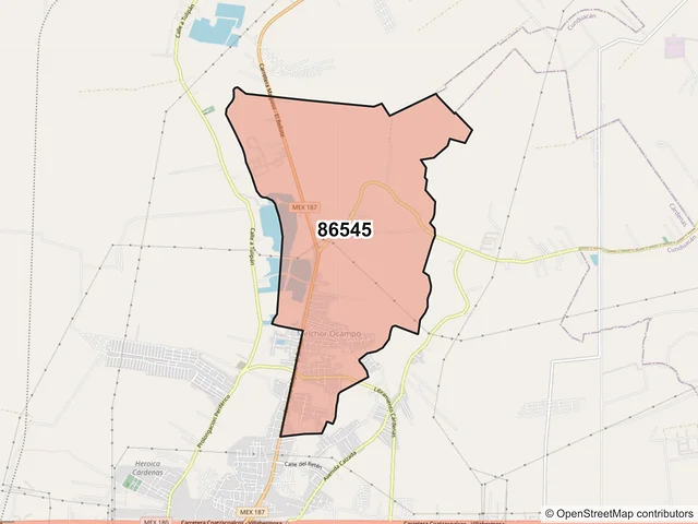 Mapa del código postal 86545, Cárdenas, Tabasco