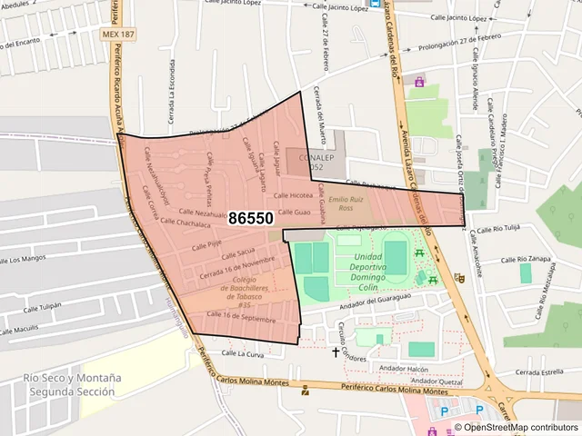 Mapa del código postal 86550, Cárdenas, Tabasco