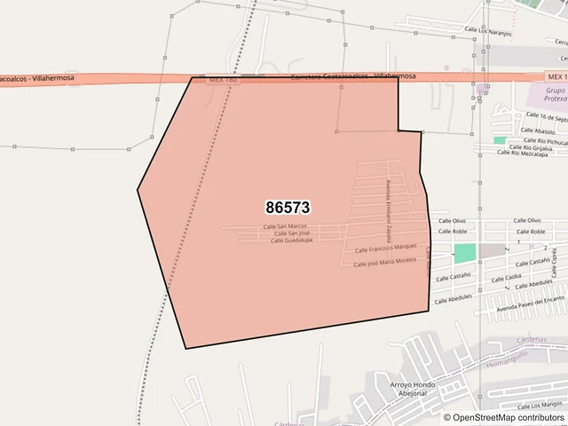 Mapa del código postal 86573, Cárdenas, Tabasco