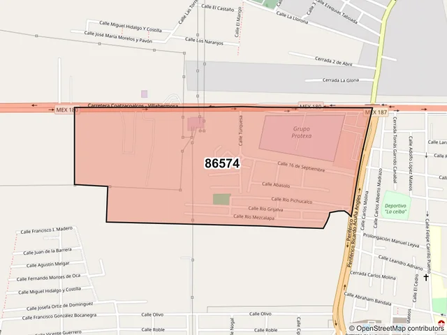 Mapa del código postal 86574, Cárdenas, Tabasco