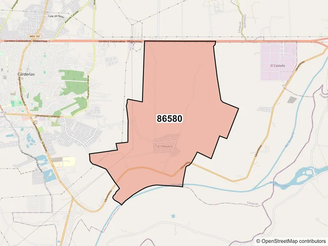 Mapa del código postal 86580, Cárdenas, Tabasco