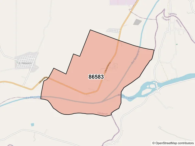 Mapa del código postal 86583, Cárdenas, Tabasco