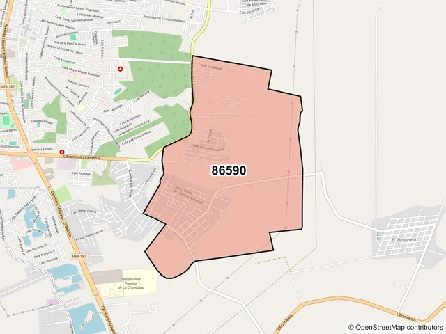 Mapa del código postal 86590, Cárdenas, Tabasco