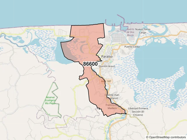 Mapa del código postal 86600, Paraíso, Tabasco