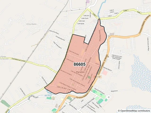 Mapa del código postal 86605, Paraíso, Tabasco