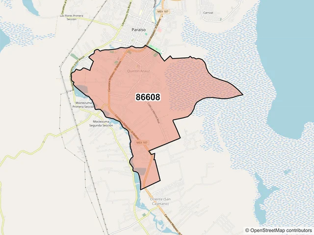 Mapa del código postal 86608, Paraíso, Tabasco