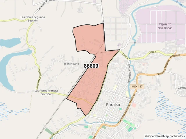 Mapa del código postal 86609, Paraíso, Tabasco