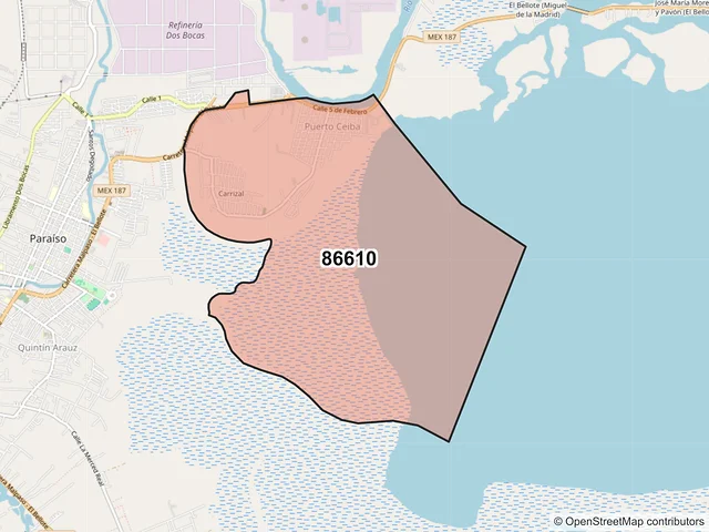 Mapa del código postal 86610, Paraíso, Tabasco