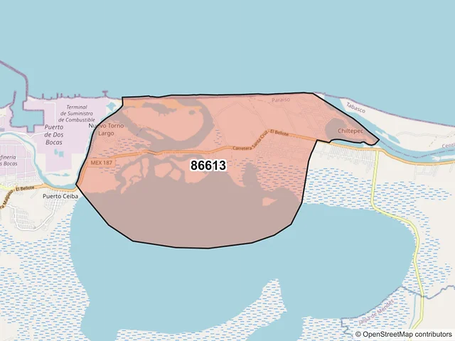 Mapa del código postal 86613, Paraíso, Tabasco