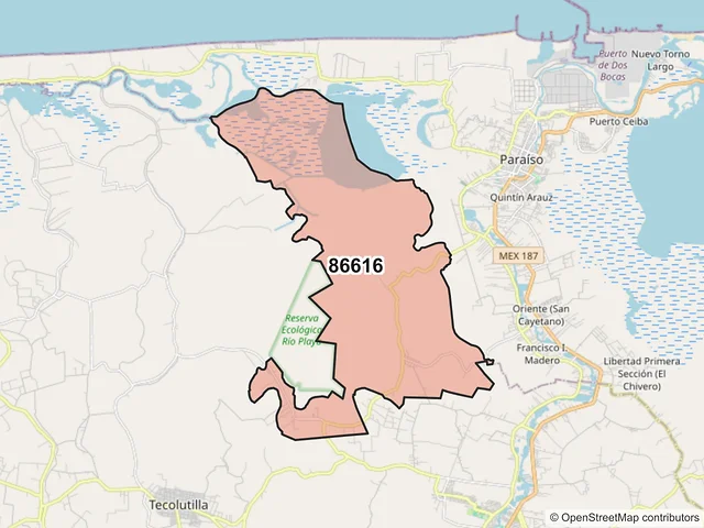 Mapa del código postal 86616, Paraíso, Tabasco