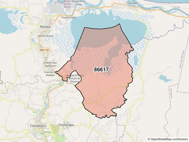 Mapa del código postal 86617, Paraíso, Tabasco