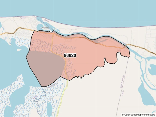 Mapa del código postal 86620, Paraíso, Tabasco