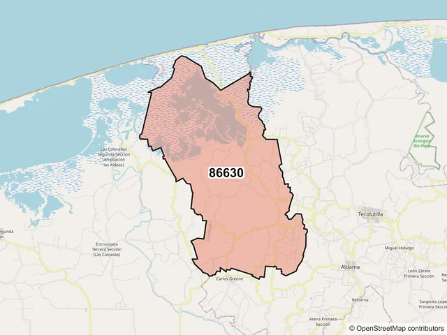 Mapa del código postal 86630, Comalcalco, Tabasco