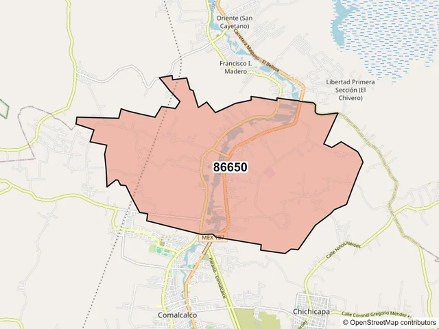 Mapa del código postal 86650, Comalcalco, Tabasco