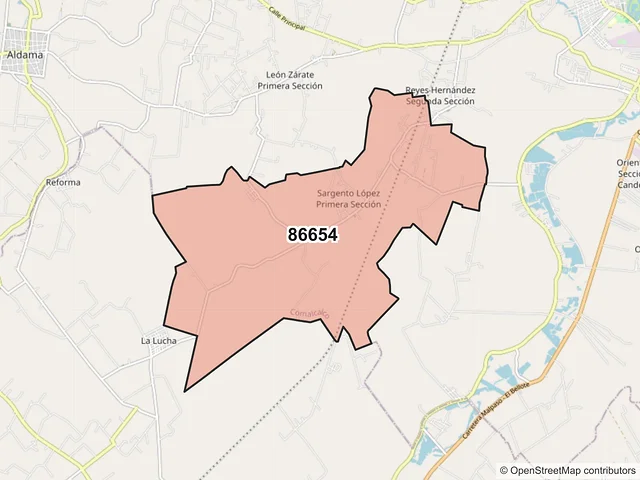 Mapa del código postal 86654, Comalcalco, Tabasco