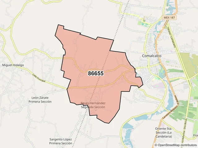 Mapa del código postal 86655, Comalcalco, Tabasco