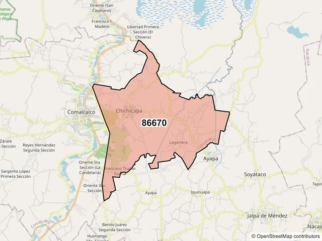 Mapa del código postal 86670, Comalcalco, Tabasco