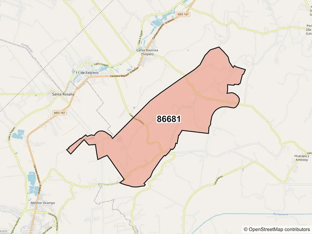 Mapa del código postal 86681, Cunduacán, Tabasco