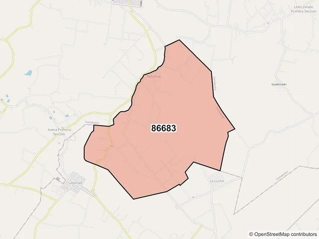 Mapa del código postal 86683, Cunduacán, Tabasco
