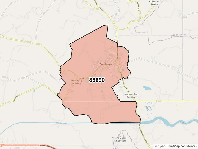 Mapa del código postal 86690, Cunduacán, Tabasco