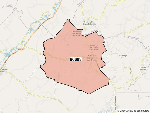Mapa del código postal 86693, Cunduacán, Tabasco