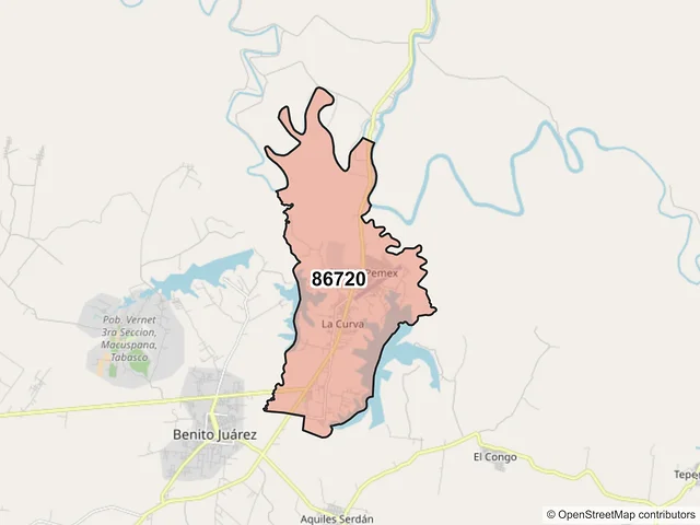 Mapa del código postal 86720, Macuspana, Tabasco