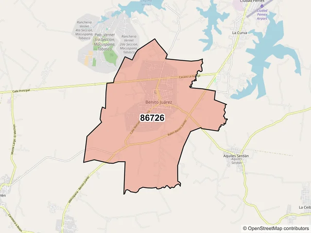 Mapa del código postal 86726, Macuspana, Tabasco