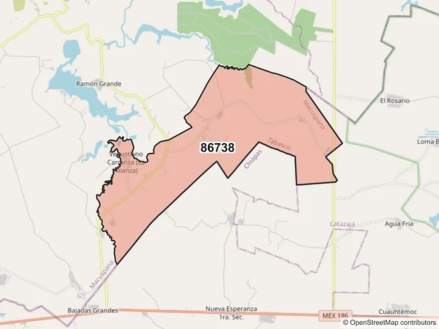 Mapa del código postal 86738, Macuspana, Tabasco
