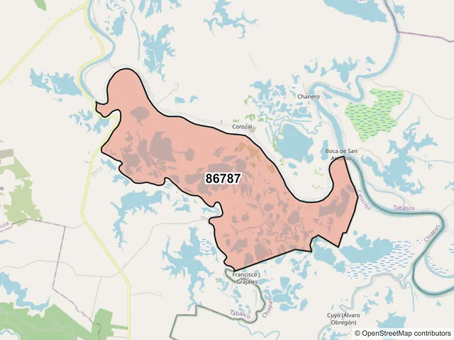 Mapa del código postal 86787, Jonuta, Tabasco