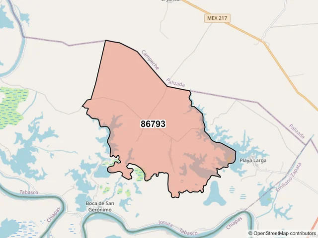 Mapa del código postal 86793, Jonuta, Tabasco