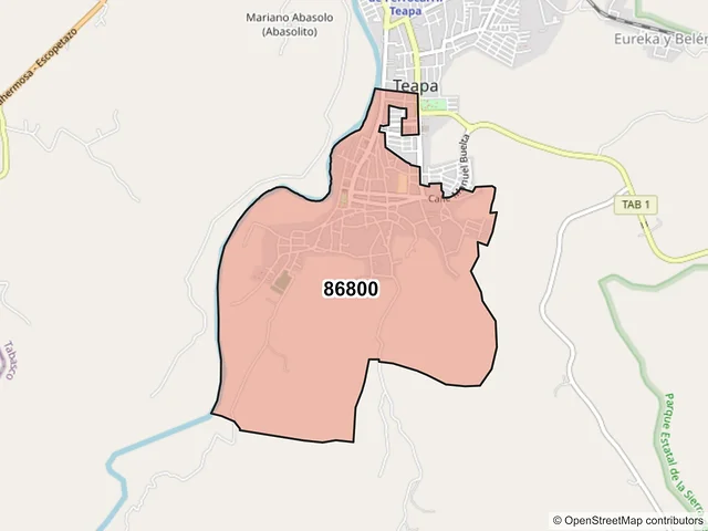 Mapa del código postal 86800, Teapa, Tabasco