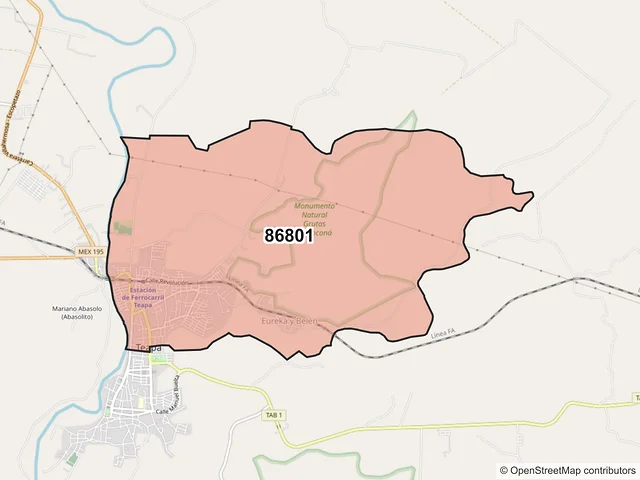 Mapa del código postal 86801, Teapa, Tabasco