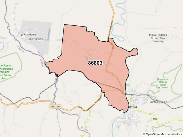 Mapa del código postal 86803, Teapa, Tabasco