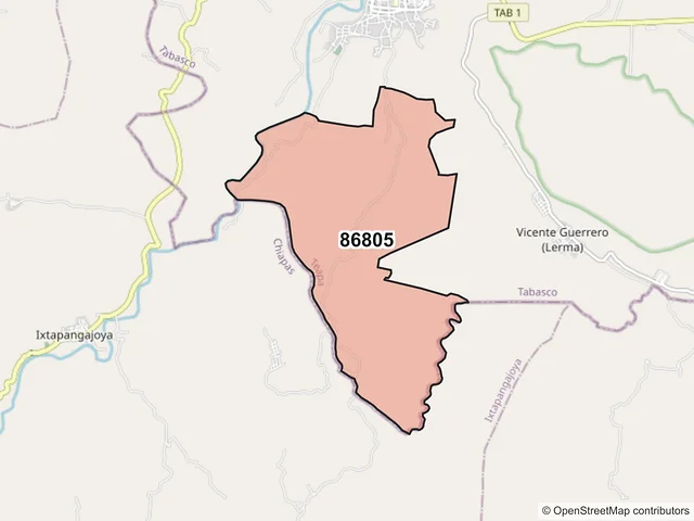Mapa del código postal 86805, Teapa, Tabasco
