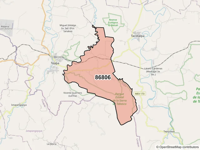 Mapa del código postal 86806, Teapa, Tabasco
