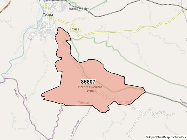 Mapa del código postal 86807, Teapa, Tabasco
