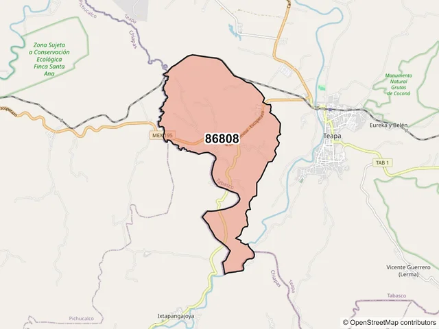 Mapa del código postal 86808, Teapa, Tabasco
