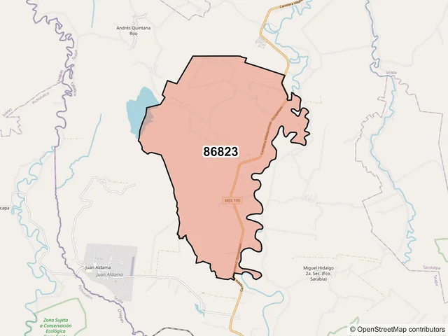 Mapa del código postal 86823, Teapa, Tabasco