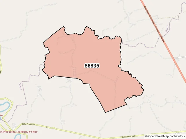 Mapa del código postal 86835, Jalapa, Tabasco