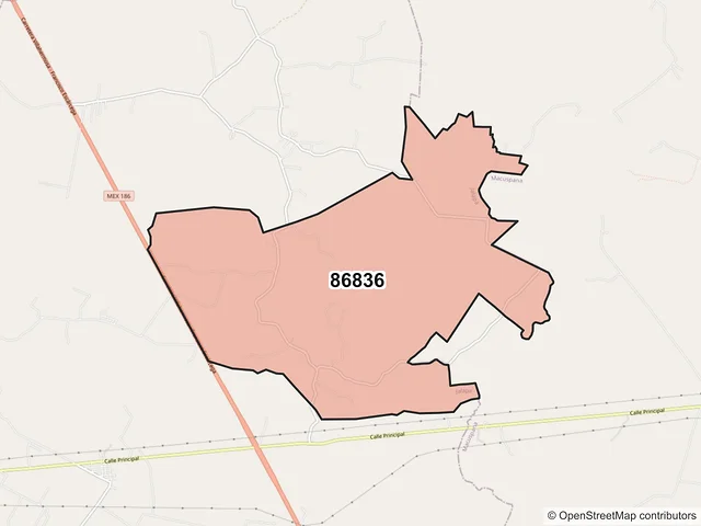 Mapa del código postal 86836, Jalapa, Tabasco