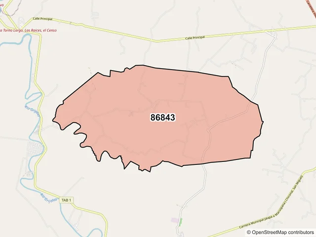 Mapa del código postal 86843, Jalapa, Tabasco