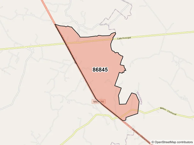 Mapa del código postal 86845, Jalapa, Tabasco
