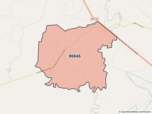 Mapa del código postal 86846, Jalapa, Tabasco