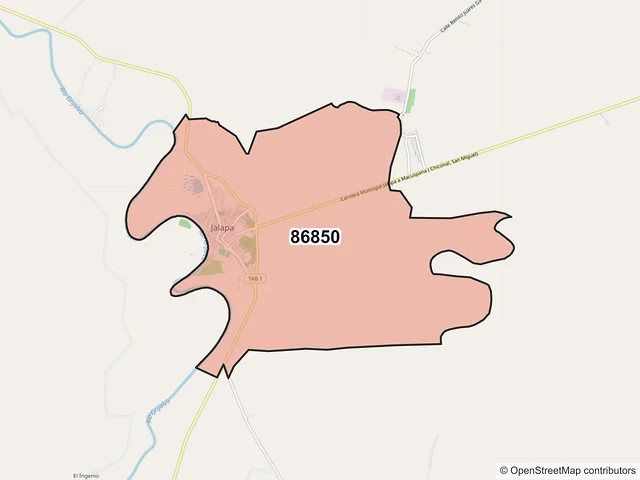Mapa del código postal 86850, Jalapa, Tabasco