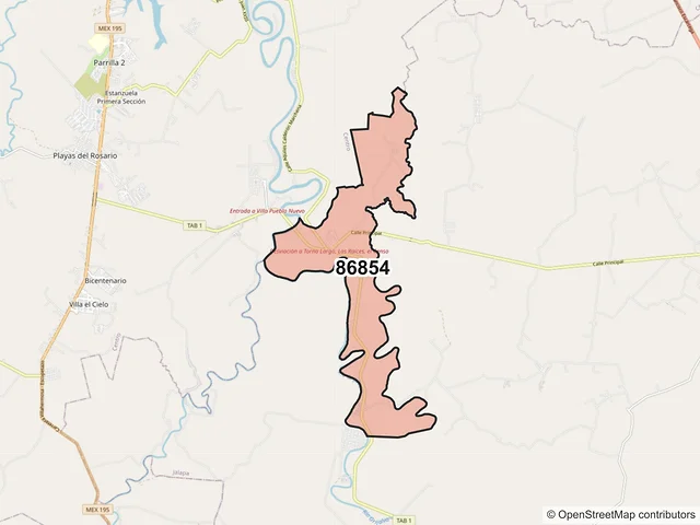 Mapa del código postal 86854, Jalapa, Tabasco
