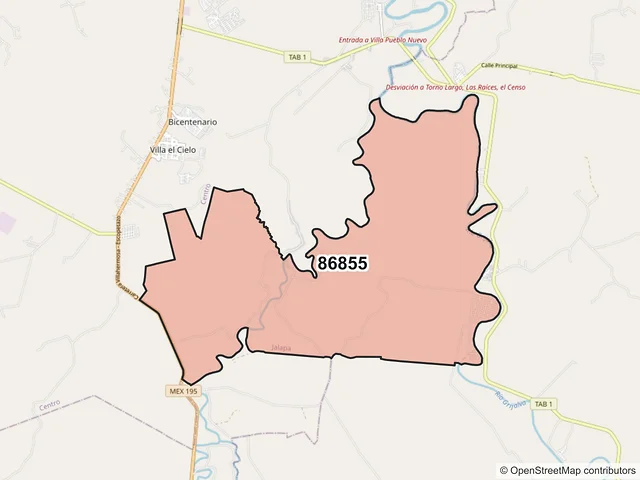 Mapa del código postal 86855, Jalapa, Tabasco